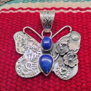 Sterling Silver Butterfly Pendant w/Lapis Lazuli Flowers Petroglyph Design